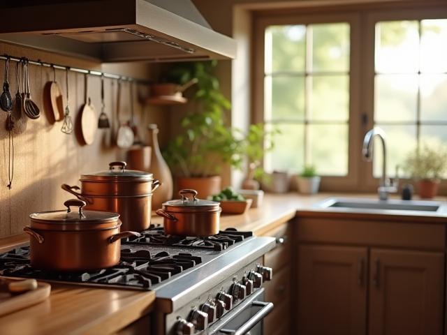 Warm and inviting modern kitchen with premium cookware on stove