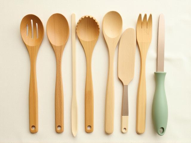 Set of eco-friendly kitchen utensils made from bamboo and recycled plastic